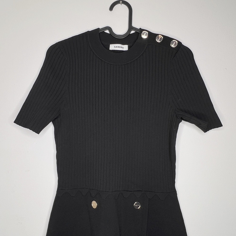 Sandro Black Ribbed Knit Short Sleeve A-Line Dress Gold Button Detail Size 36 - Picture 13 of 14